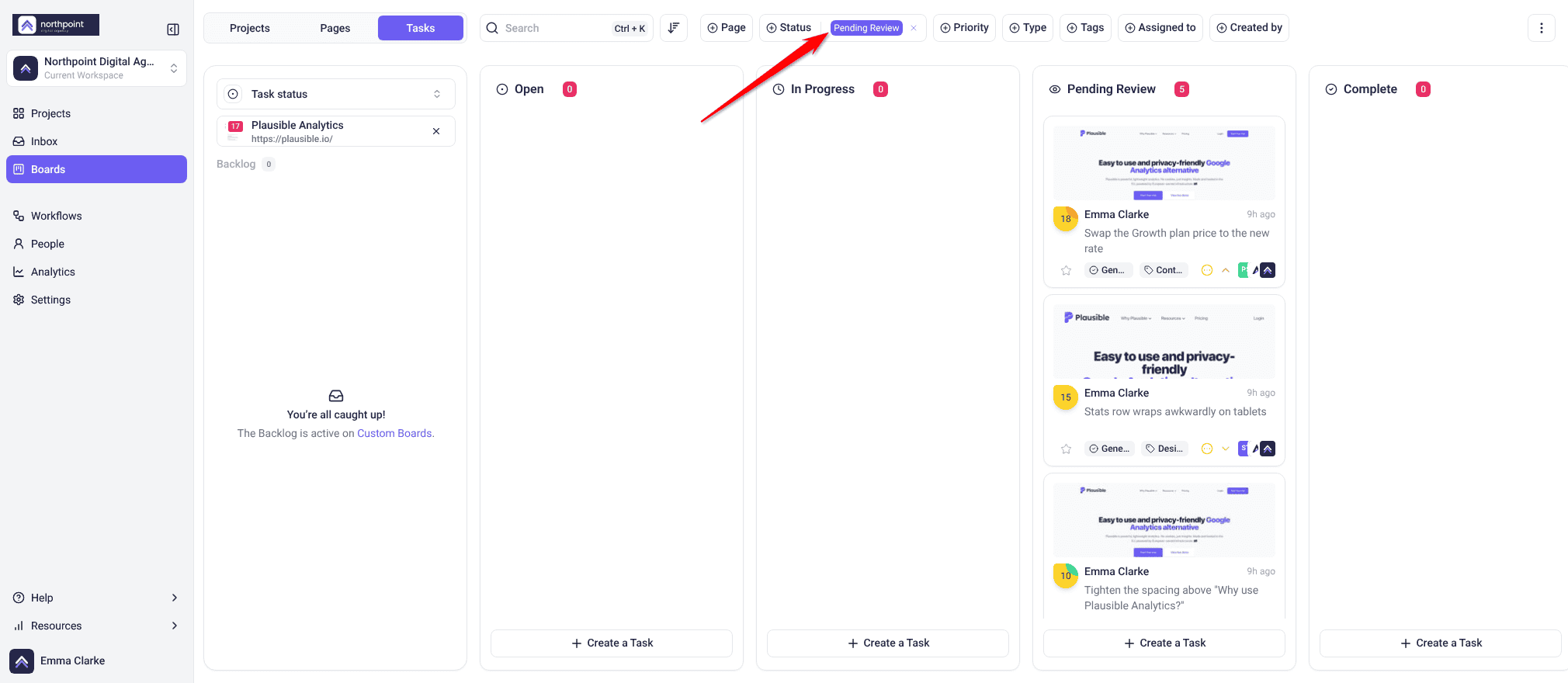 Board with the Status filter set to Pending Review, so only the Pending Review column holds tasks