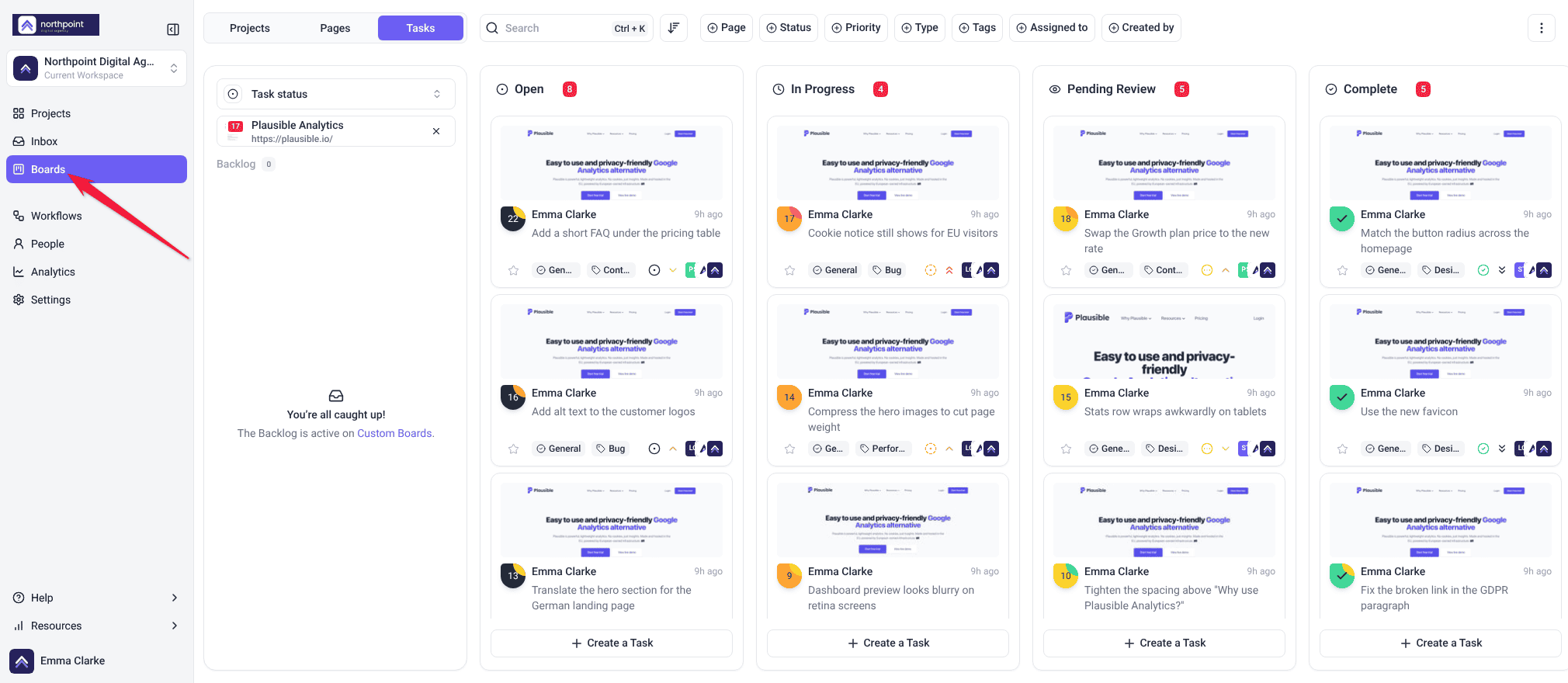 Status board for Plausible Analytics with Open, In Progress, Pending Review and Complete columns of task cards