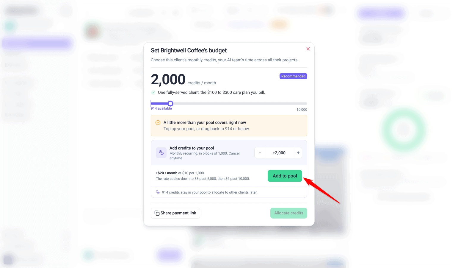Set budget window warning that the amount is more than the pool covers, with Add to pool and Allocate credits unavailable
