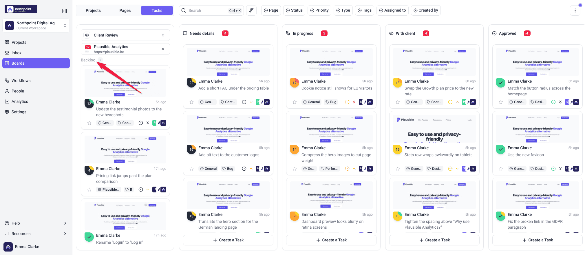 Custom board named Client Review with four columns of tasks and the Backlog in the left panel