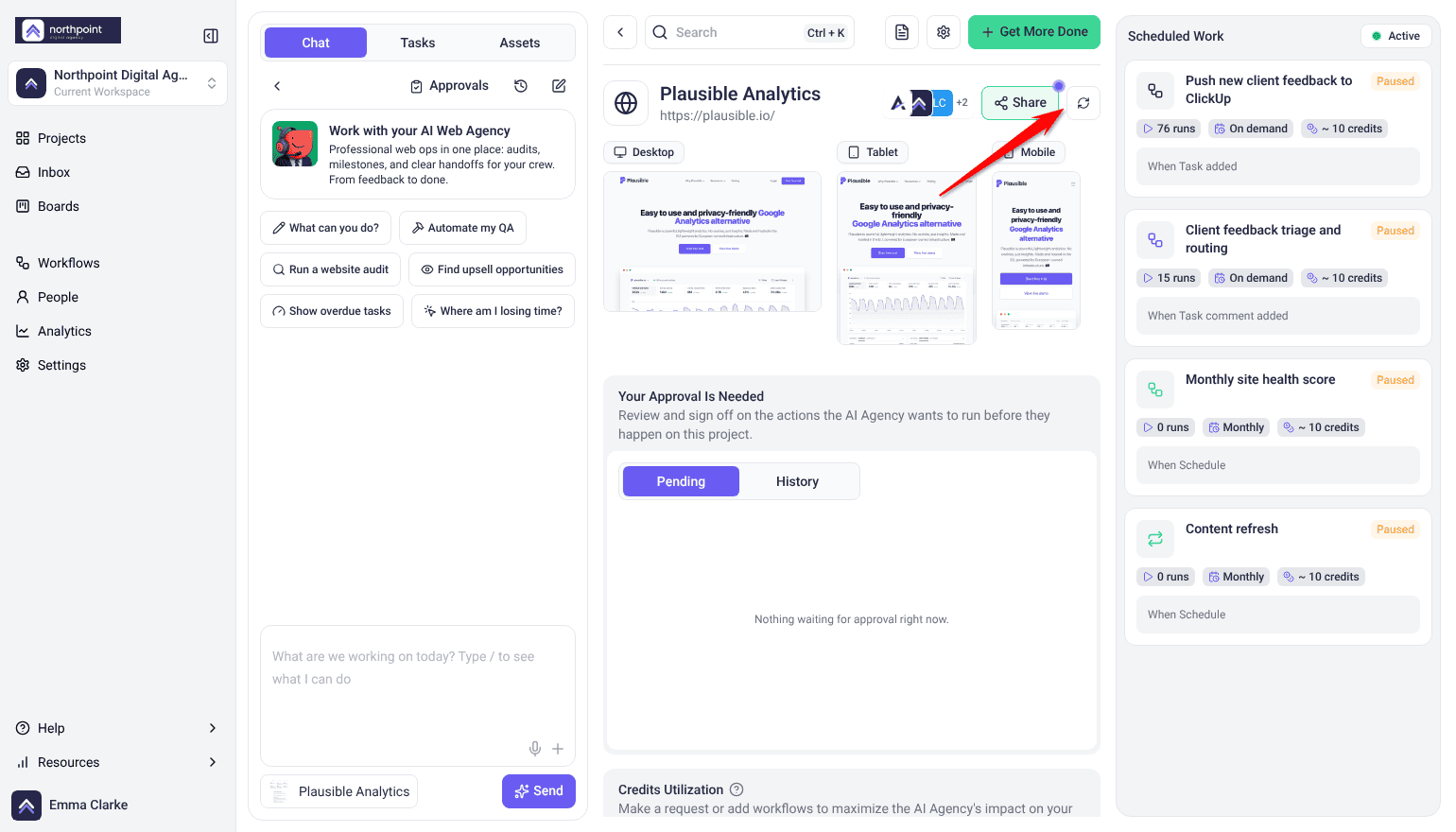 Project Dashboard site header with the refresh icon for Regenerate screenshots, above the Desktop, Tablet and Mobile screenshots