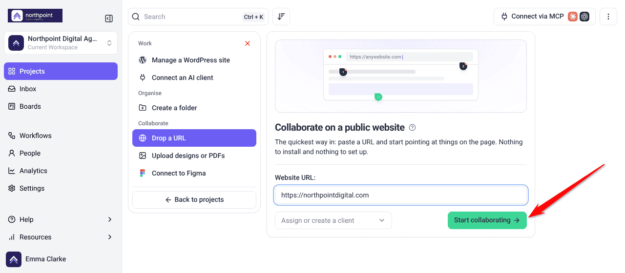 Website address entered with the Start collaborating button ready
