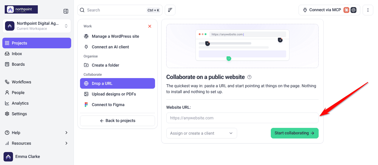 Collaborate on a public website panel with the empty Website address field