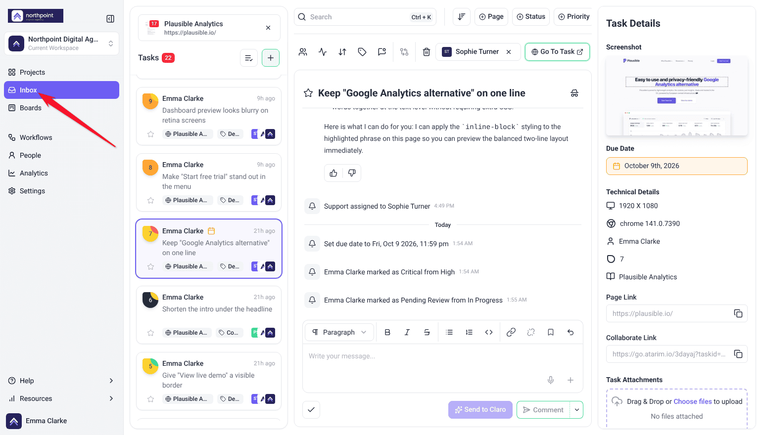Inbox filtered to Plausible Analytics with 22 tasks listed and a task open with its conversation and Task Details