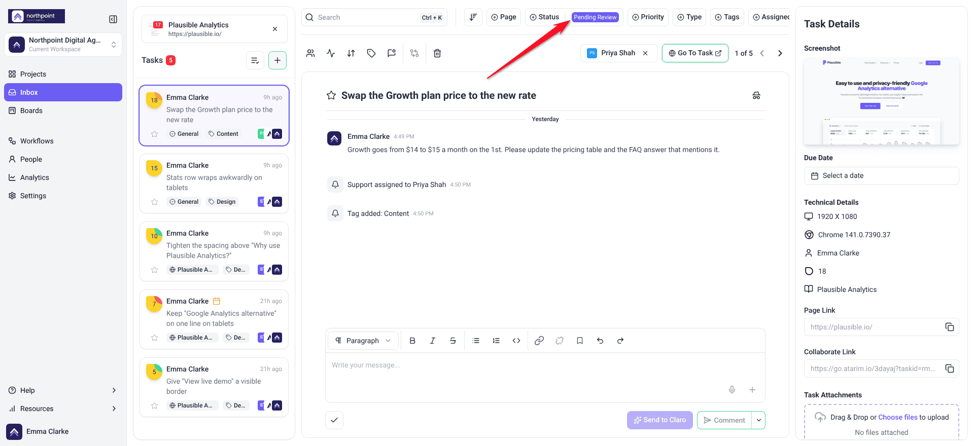 Inbox filtered by Status to Pending Review, listing the five tasks waiting on review