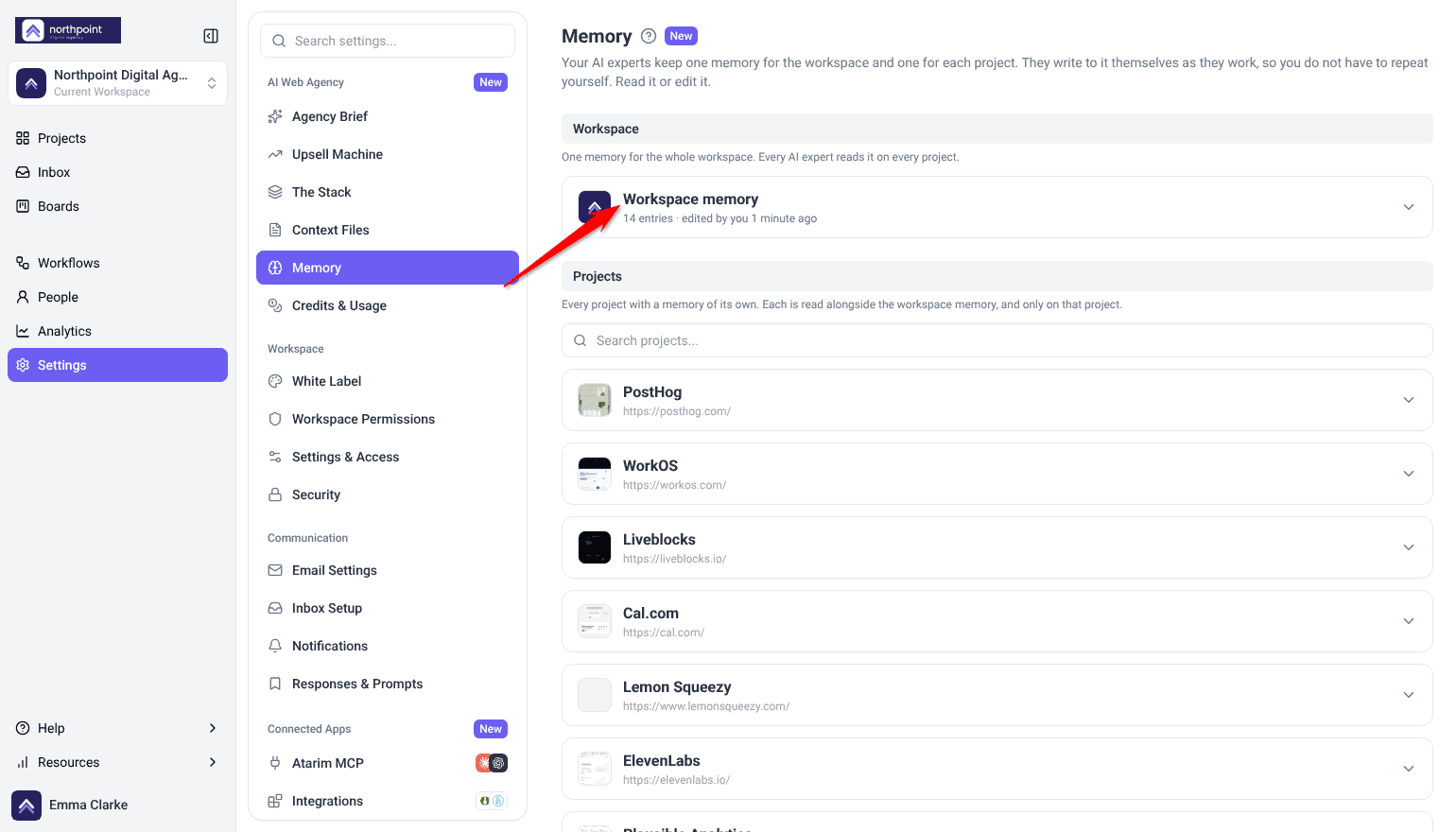 Memory settings with the workspace memory at the top and each project's memory listed below
