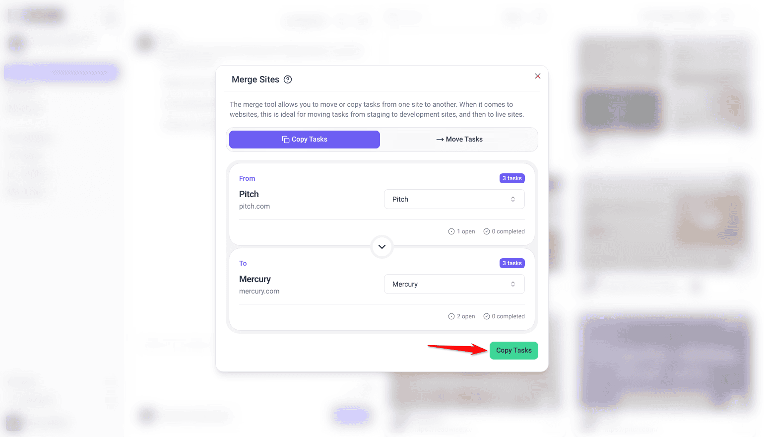 Merge Sites modal with Pitch in the From card and Mercury in the To card, and a red arrow pointing at the green Copy Tasks button at the bottom right