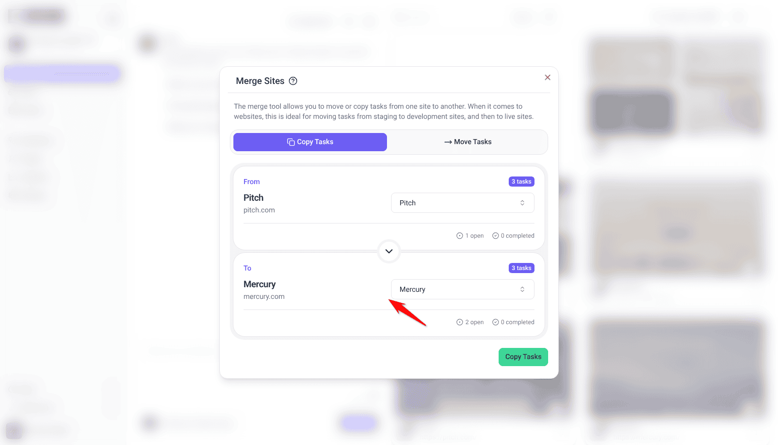 Merge Sites modal with Copy Tasks selected, Pitch chosen in the From card and Mercury in the To card, and a red arrow pointing at the To selector