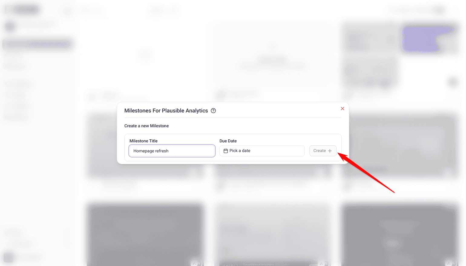 Milestones dialog with a milestone title, a due date picker and Create