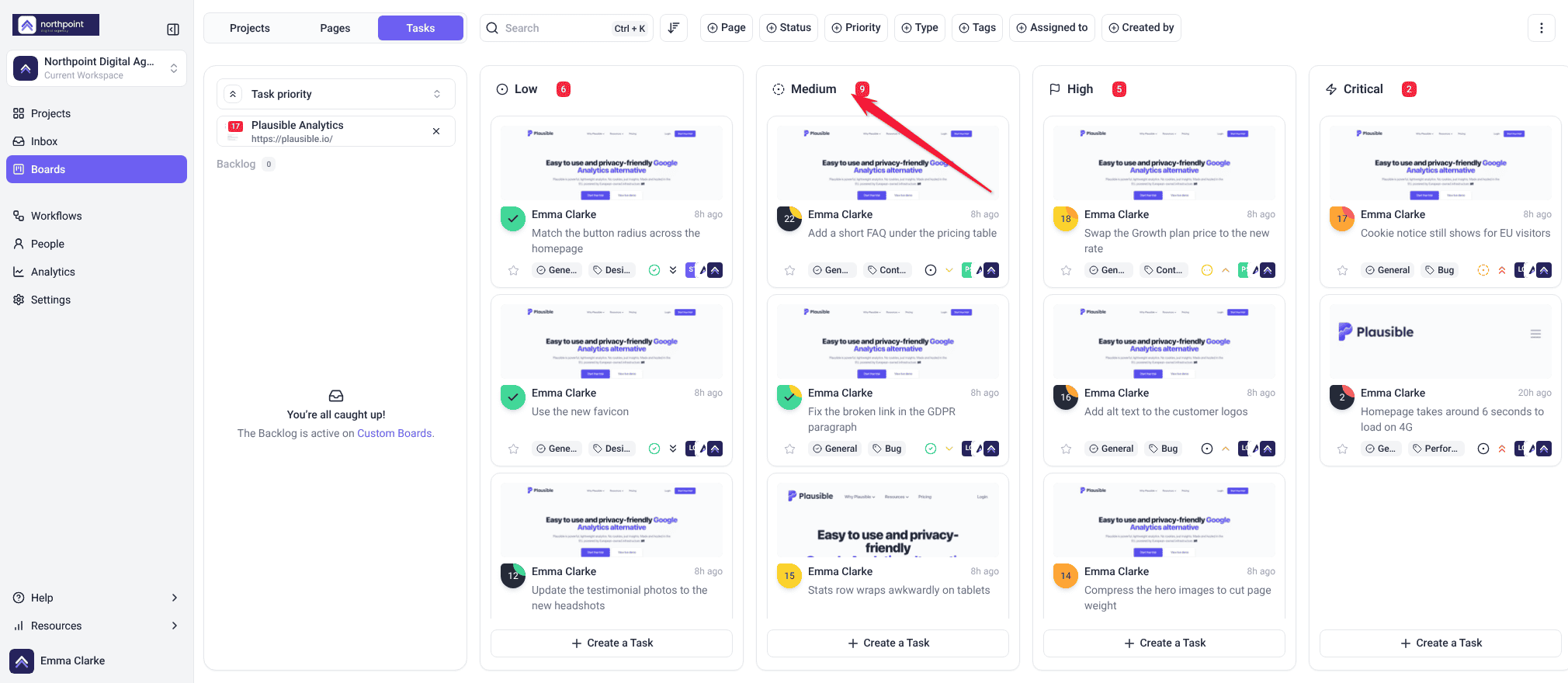 Priority Board where Medium holds nine tasks, more than any other column