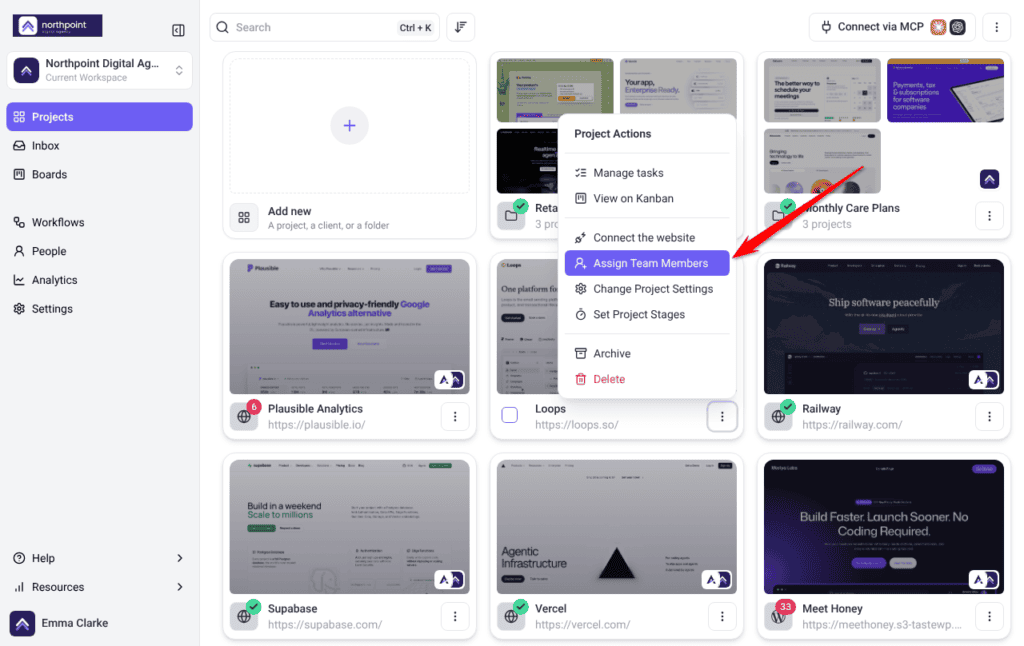 Project Actions menu on a project card with Assign Team Members highlighted