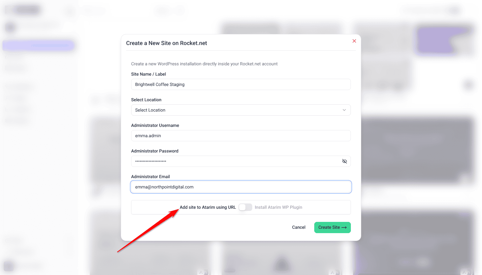 Create a New Site on Rocket.net form with the switch set to Add site to Atarim using URL