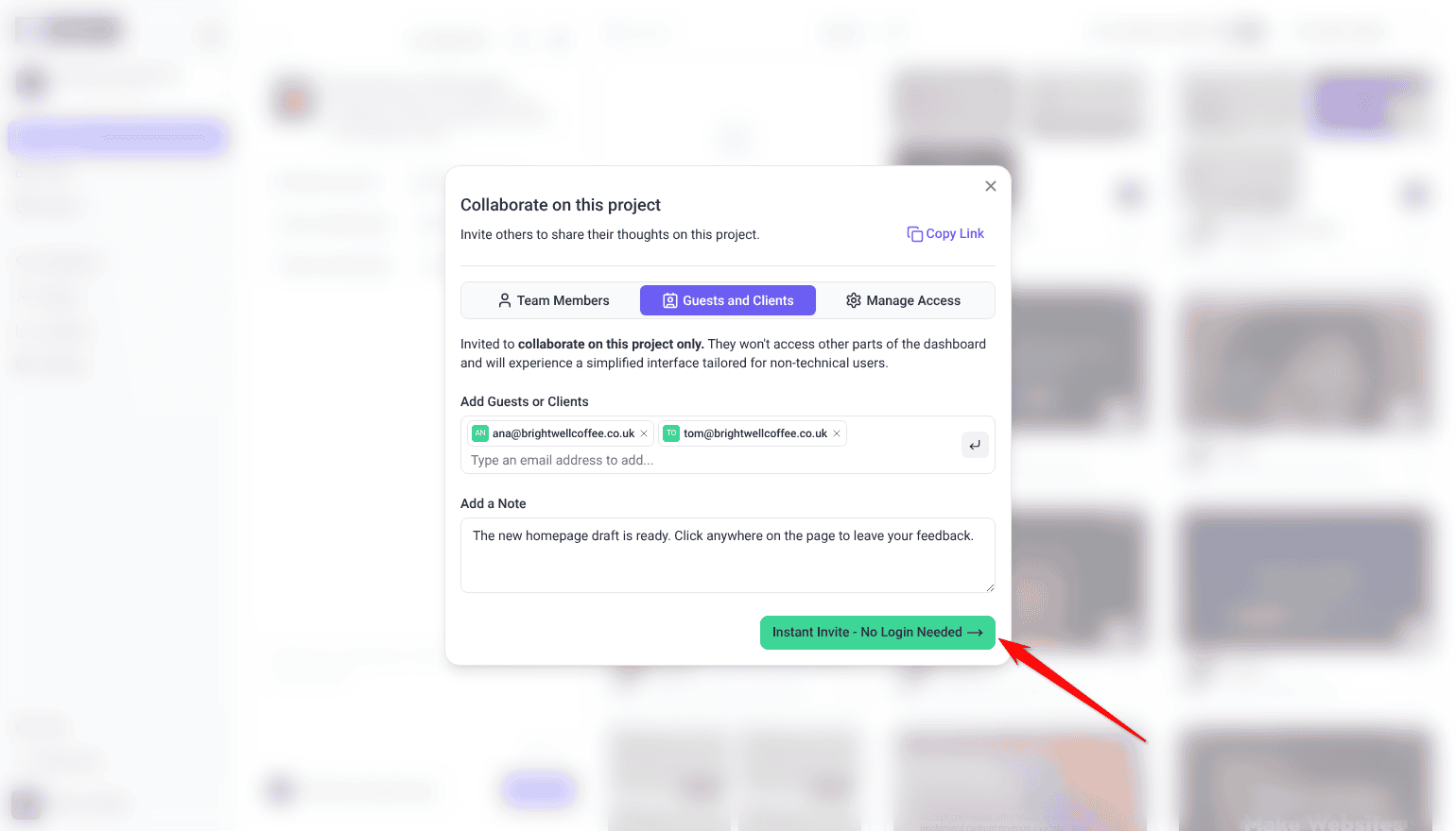 Guests and Clients tab with two client emails added, a note and the Instant Invite - No Login Needed button