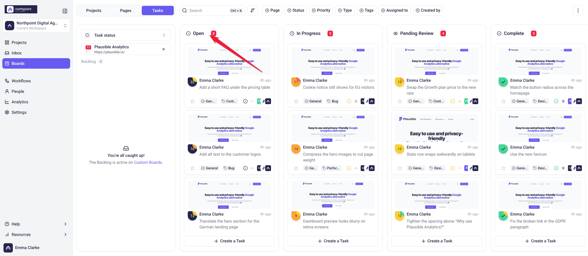 Status Board where Open holds eight tasks, more than any other column