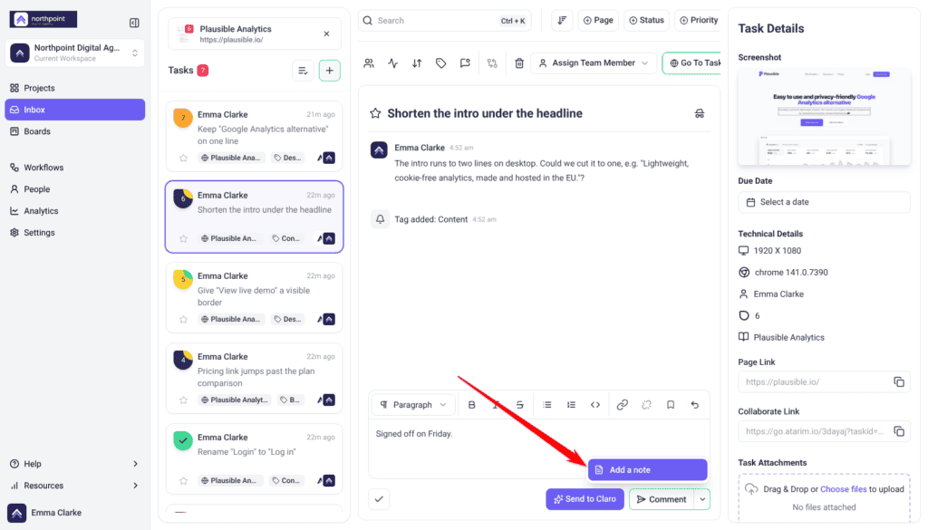 Task reply menu open on Add a note, which posts a note only Admins and Team Members see