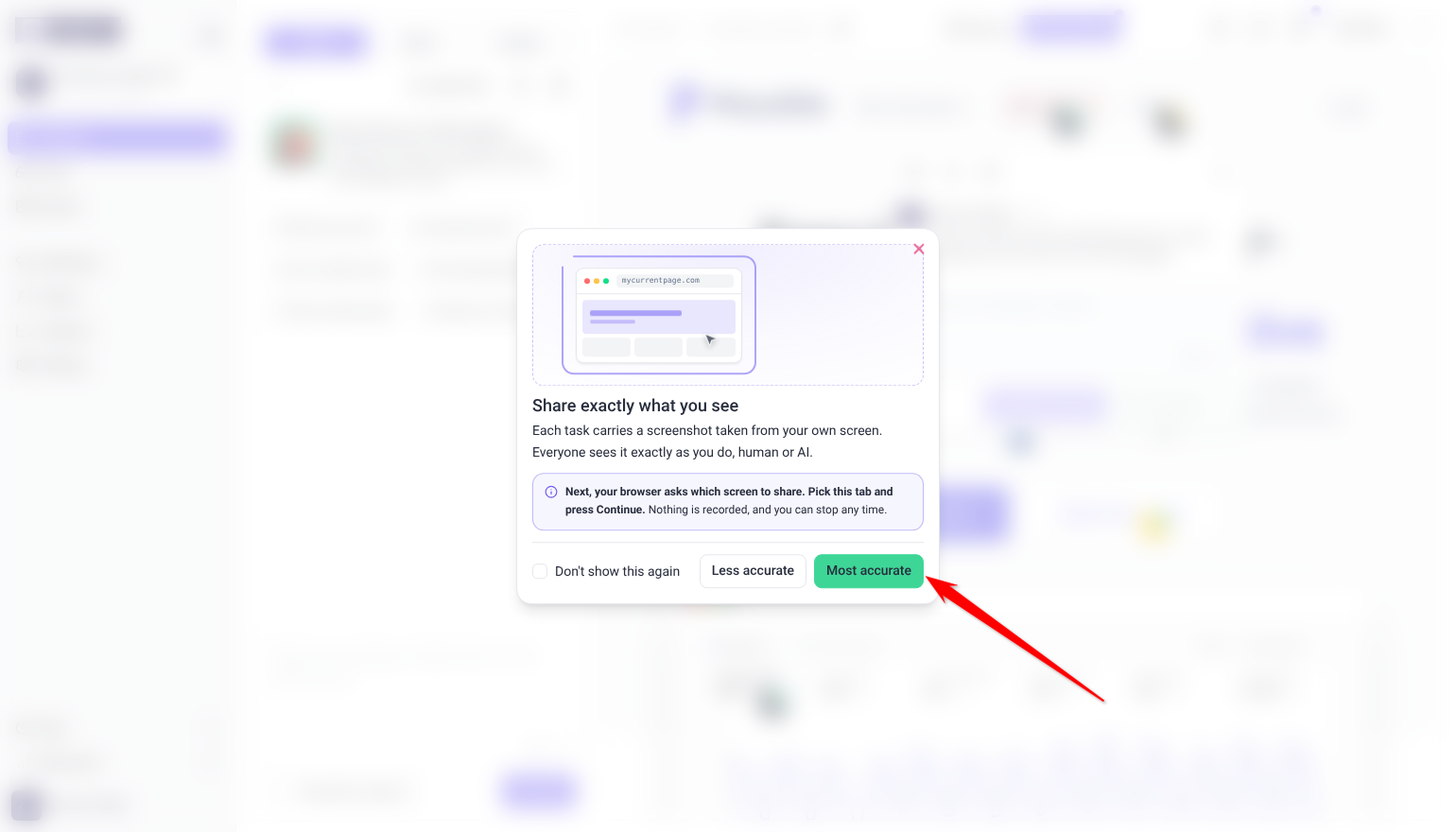 Share exactly what you see card with Don't show this again, Less accurate and Most accurate buttons