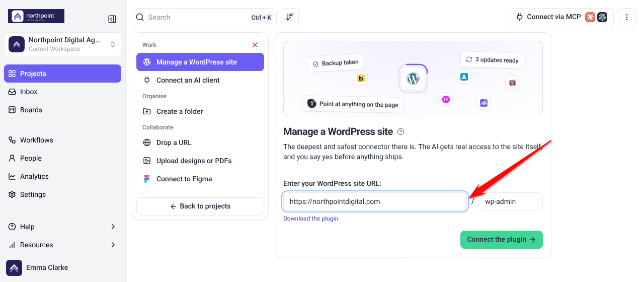 Manage a WordPress site panel with the WordPress site URL entered
