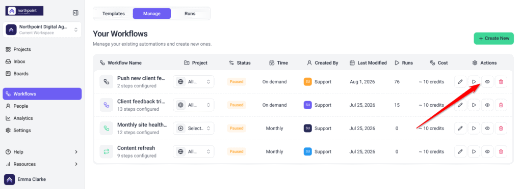 Manage tab listing workflows with project, status, cadence, runs, cost and row actions