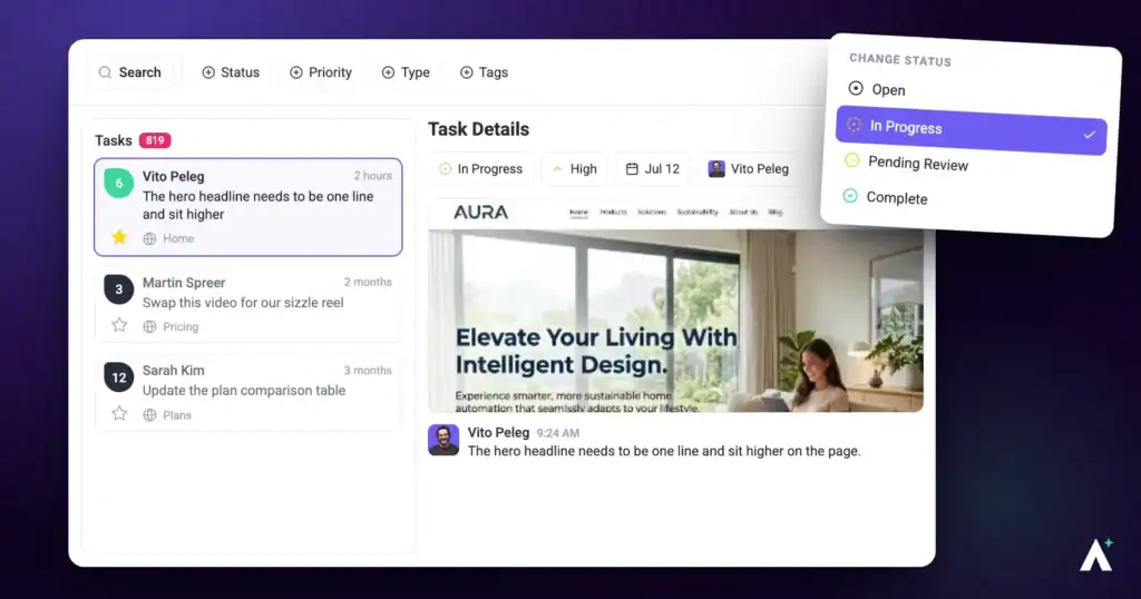The Atarim inbox task list with filters and task details
