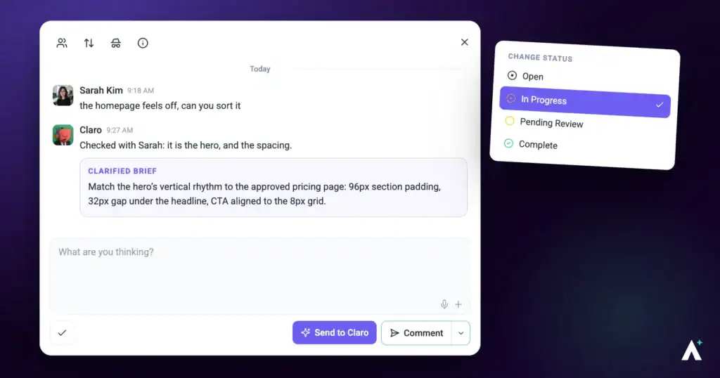 Replying to client feedback inside an Atarim comment thread