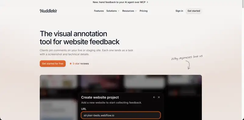 Huddlekit homepage: the visual annotation tool for website feedback, where clients pin comments on live or staging sites