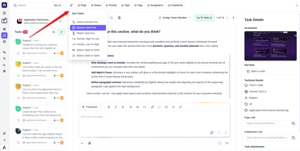 Sort Tasks menu with activity, date, priority and status options