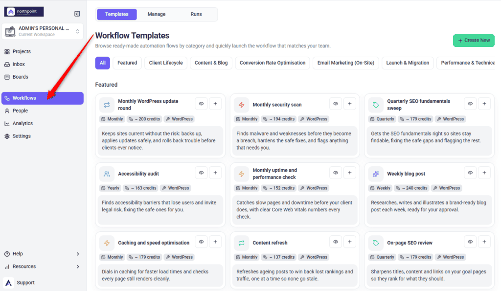 Workflow template library grouped by category