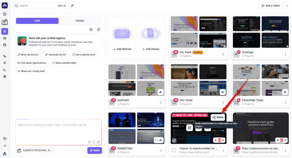 Project sharing screen with the Team Members section for internal access
