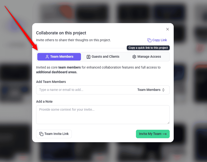 Team Members section of the project sharing screen