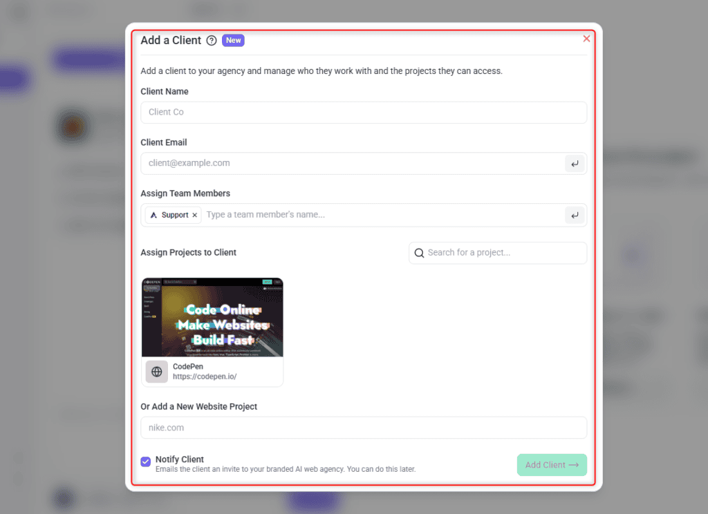 Invite Client dialog with email, name and credit allocation fields