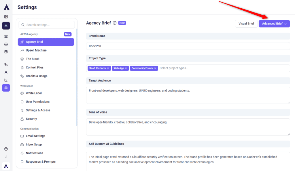 Advanced Brief toggle at top right in its active state