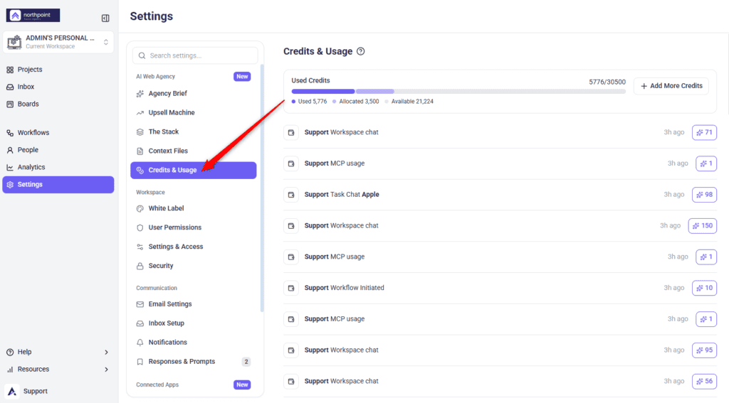 Credits and Usage page with the used-credits bar and Add More Credits option