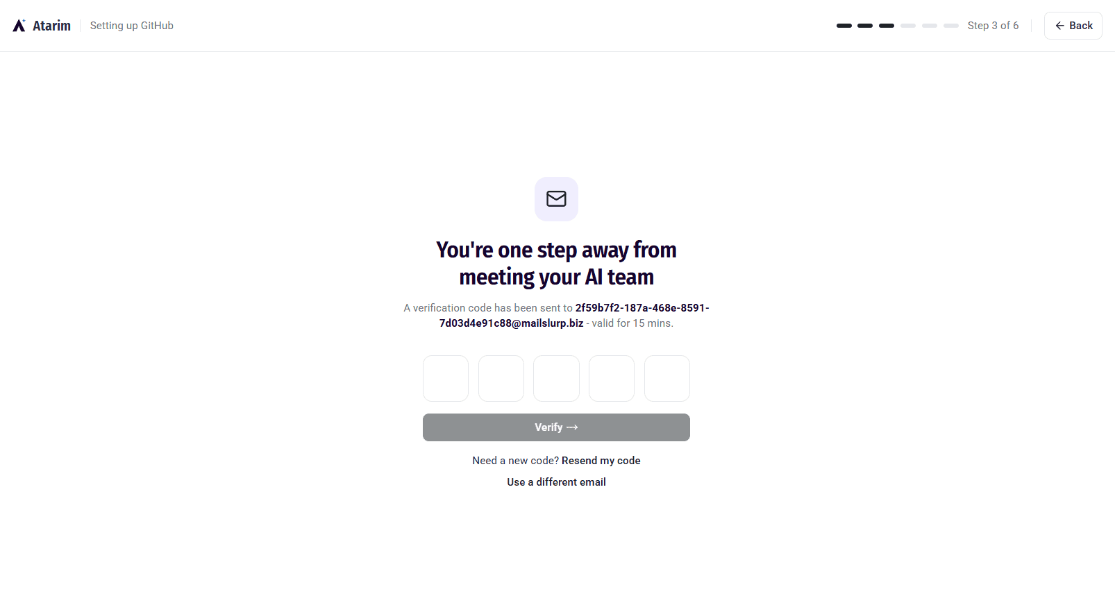 Screen prompting for the five-digit email verification code