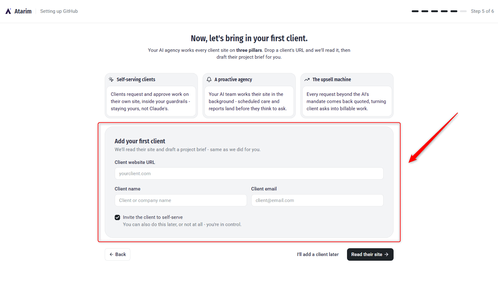 Add your first client panel with fields for site URL, client name and email