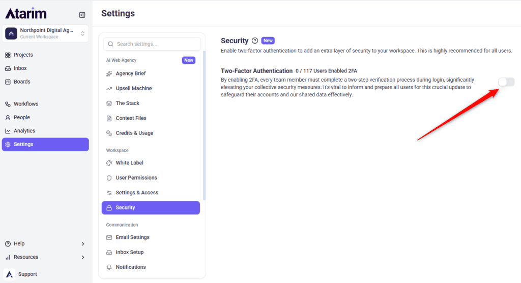 Two-factor toggle with a count of users already enrolled