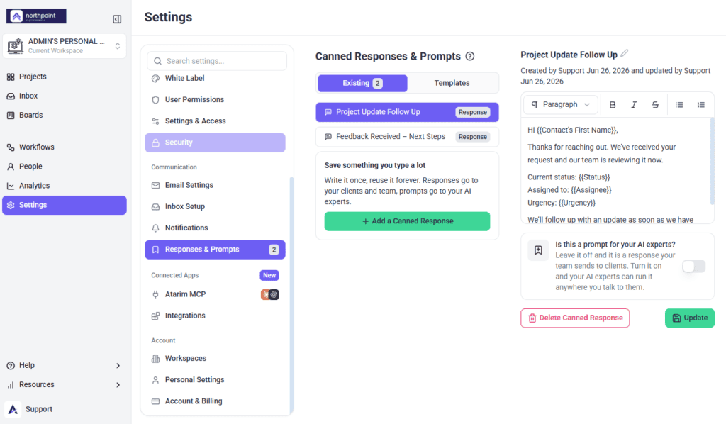 Settings with Communication expanded and Responses and Prompts selected