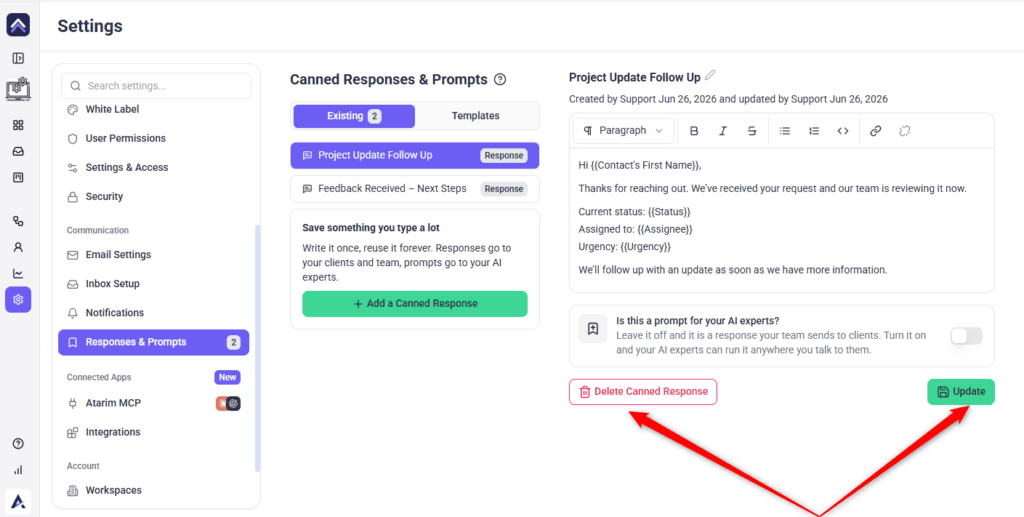 Update and Delete Canned Response buttons on an existing response