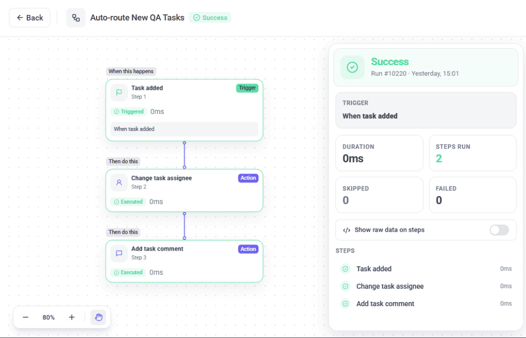 Successful run trace showing three nodes with step status