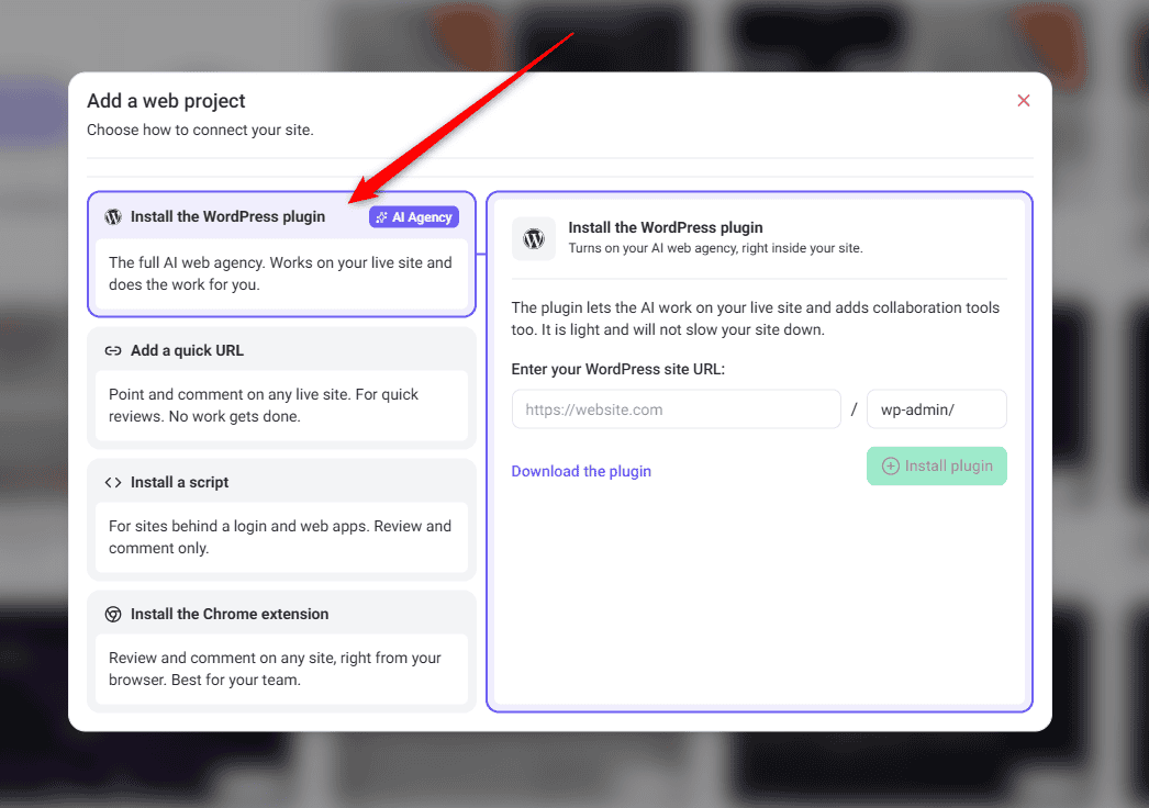 Project creation modal with the WordPress plugin option