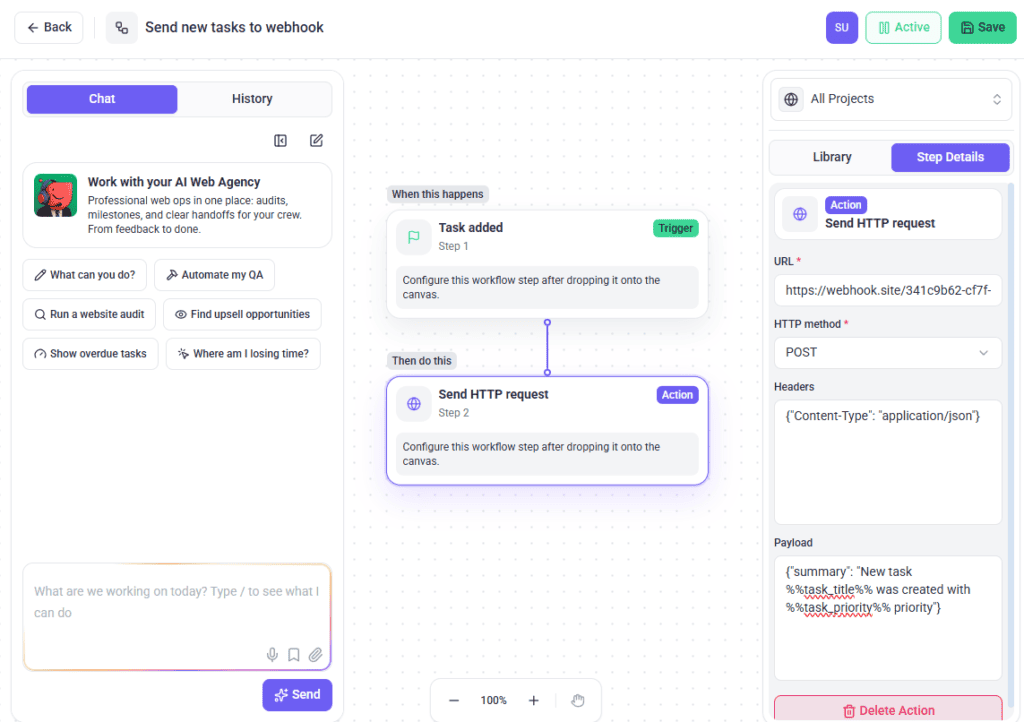 Webhook step configured with a mixed payload