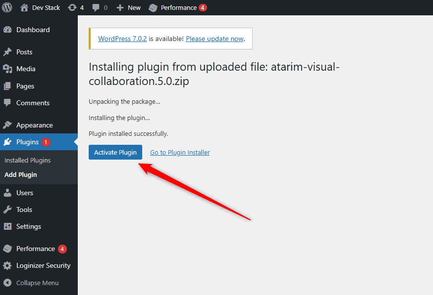 Activate Plugin button after a successful upload