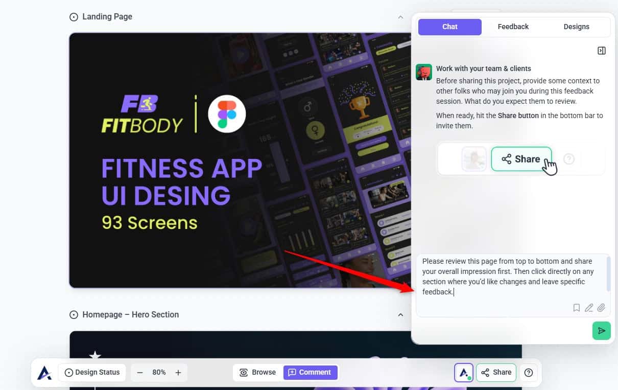 Adding review instructions in the Atarim chat panel before sharing a design project