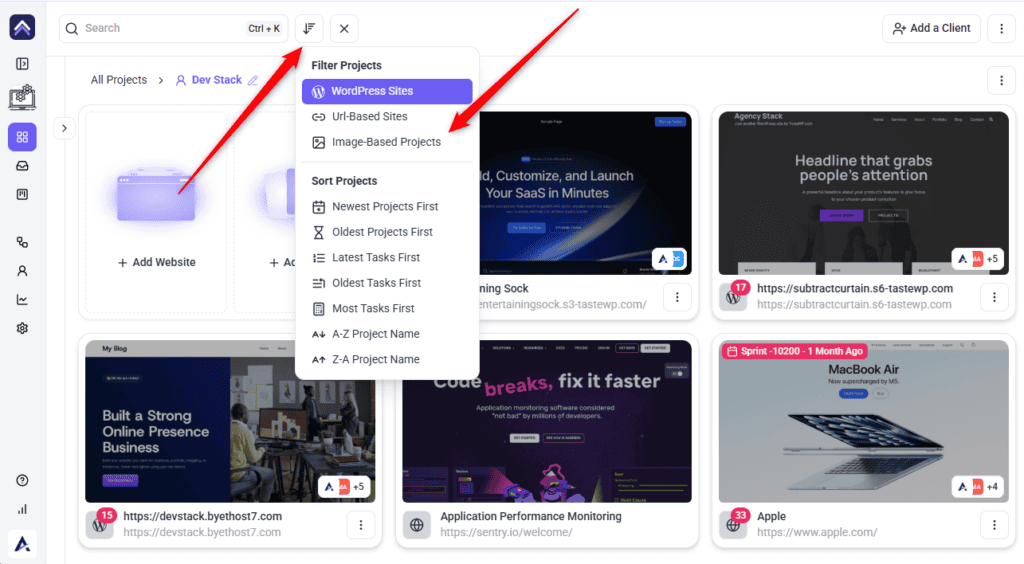 Filter Projects menu with WordPress, URL-based and Design options