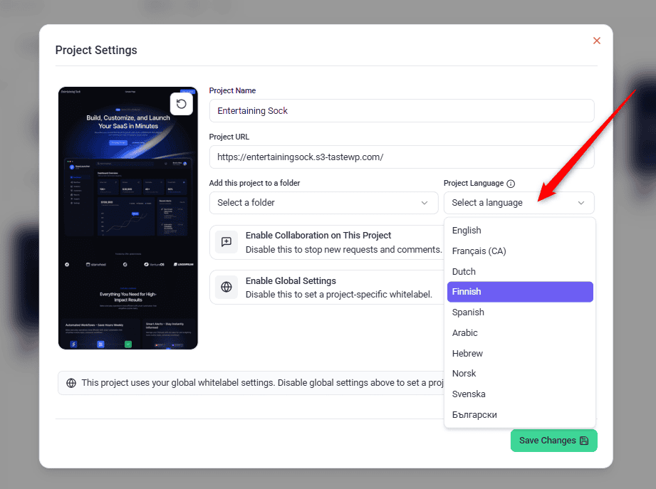 The language selector in Atarim Project Settings