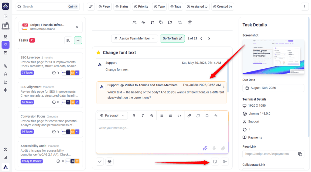 Adding a private note to a task in Atarim using the note control beside the send button