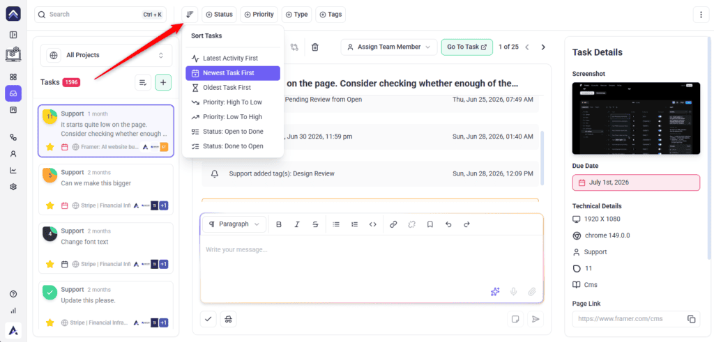 The status filter open on the Atarim task list