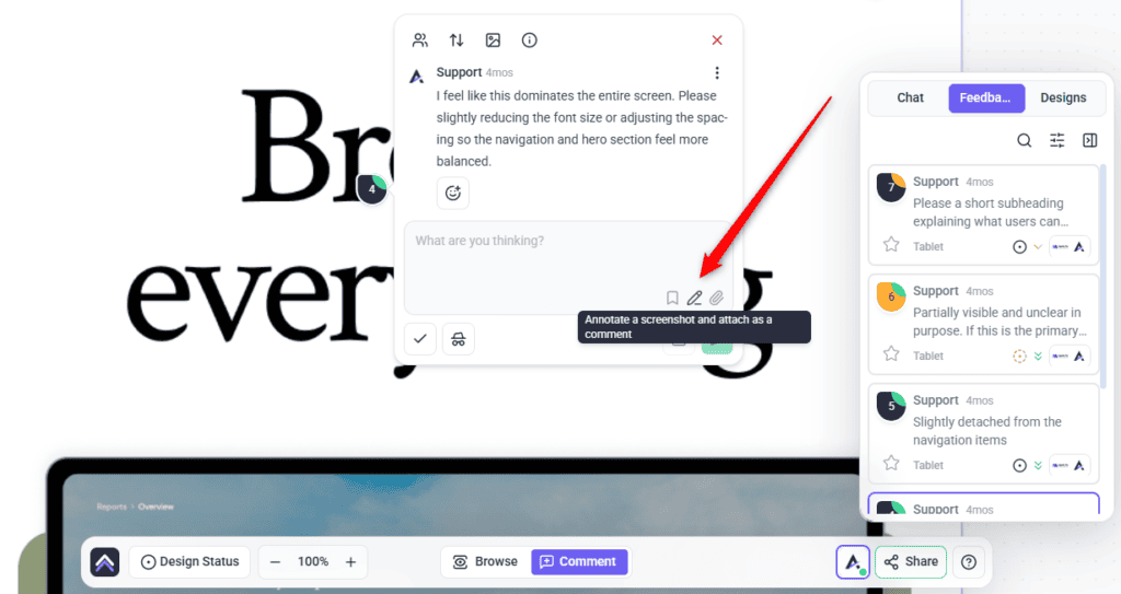 Feedback listed as tasks in the design sidebar