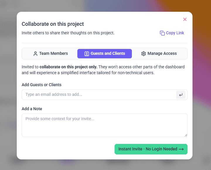 The Add Guests or Clients section of the Share window