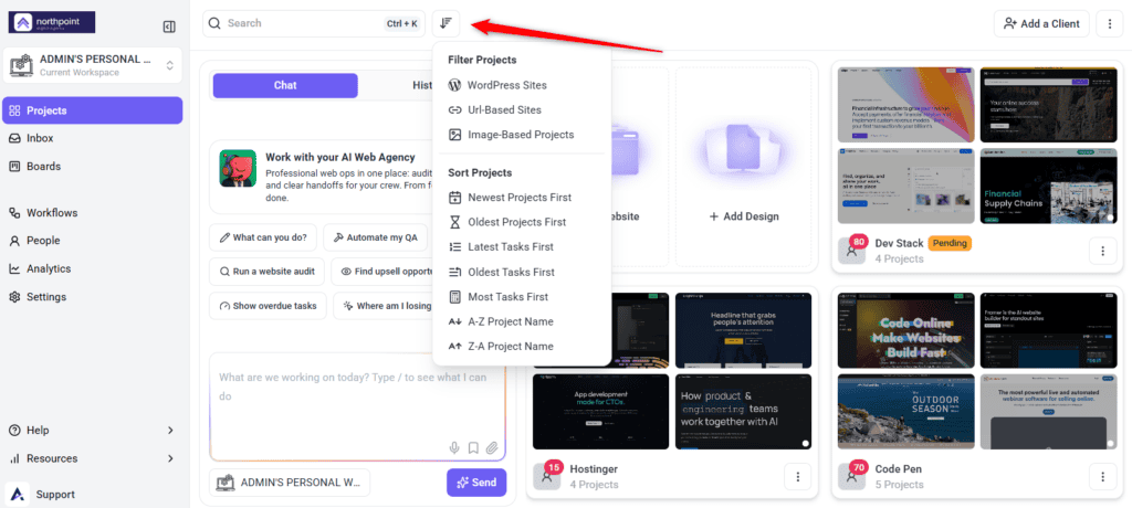 Sorting and filtering the projects list