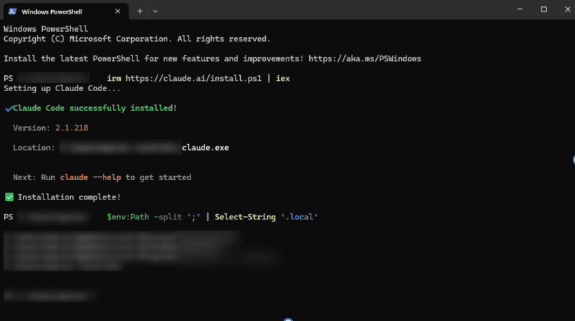 PowerShell listing PATH entries including the Claude Code install folder